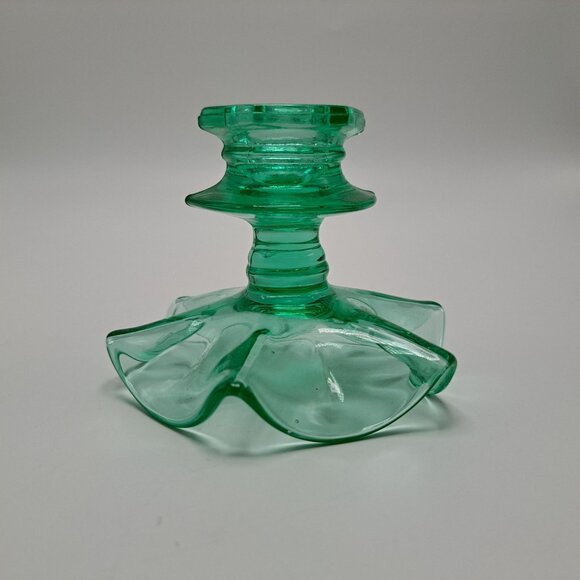 Vintage Green Vaseline Depression Uranium Glass Candlestick Holder - Picture 3 of 9